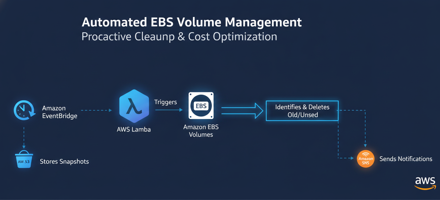 Diagram illustrating an automated cleanup workflow in AWS, where Amazon EventBridge triggers an AWS Lambda function. The Lambda function then identifies and manages (e.g., snapshots, deletes) idle EBS volumes, with optional notifications via Amazon SNS, demonstrating proactive cost optimization.