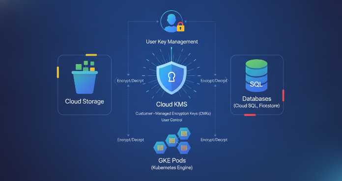 Diagram illustrating how to enable CMKs across various Google Cloud services like Cloud Storage, Cloud SQL, and GKE, showing data at rest being protected by keys managed in Cloud KMS, emphasizing enhanced security and user control over encryption.