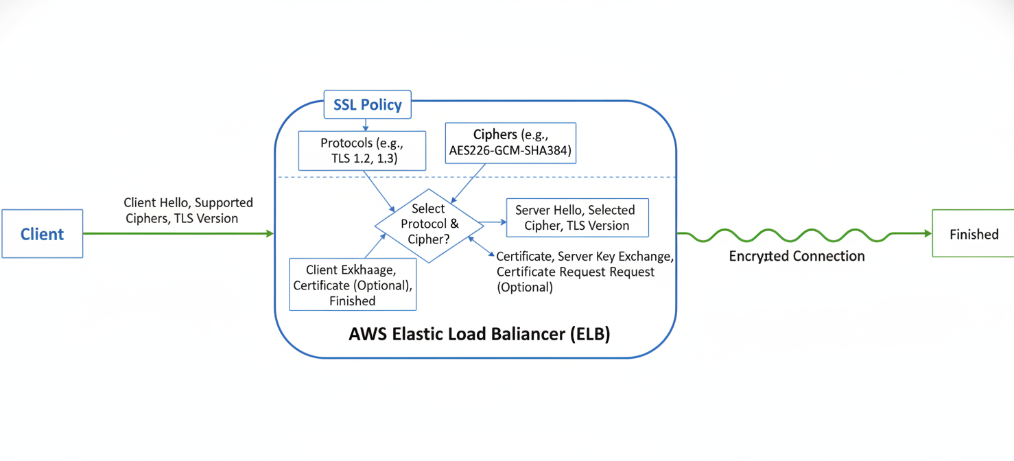 Diagram illustrating the TLS handshake process, showing how a client and an Elastic Load Balancer negotiate a secure connection using protocols and ciphers defined by an SSL policy. It depicts the exchange of messages to establish an encrypted channel.