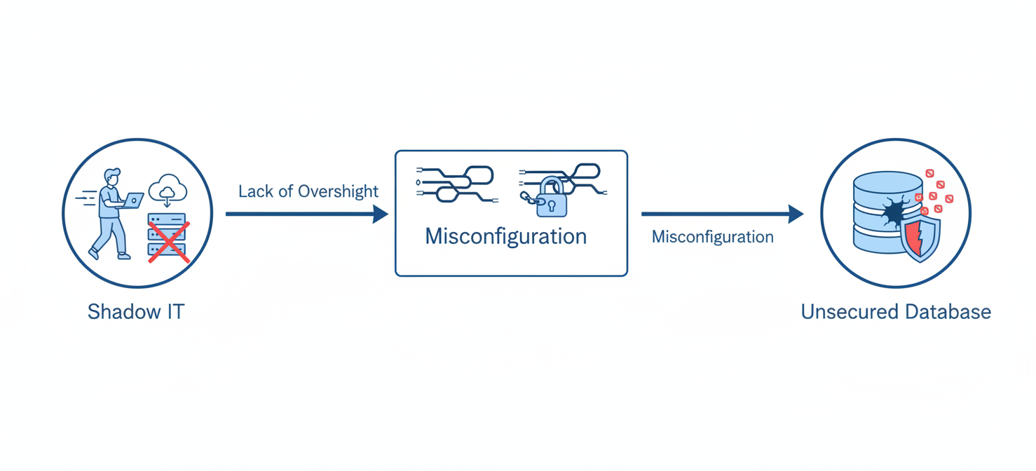 Diagram showing how Shadow IT, where developers provision resources without IT oversight, leads to unsecured databases through misconfigurations like open firewall rules, creating significant security vulnerabilities.