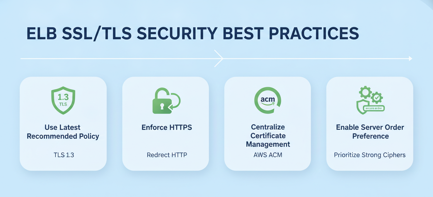Infographic summarizing best practices for securing Elastic Load Balancer traffic. Key recommendations include using the latest recommended security policies, enforcing HTTPS, centralizing certificate management with AWS Certificate Manager, and enabling server order preference for Classic Load Balancers.