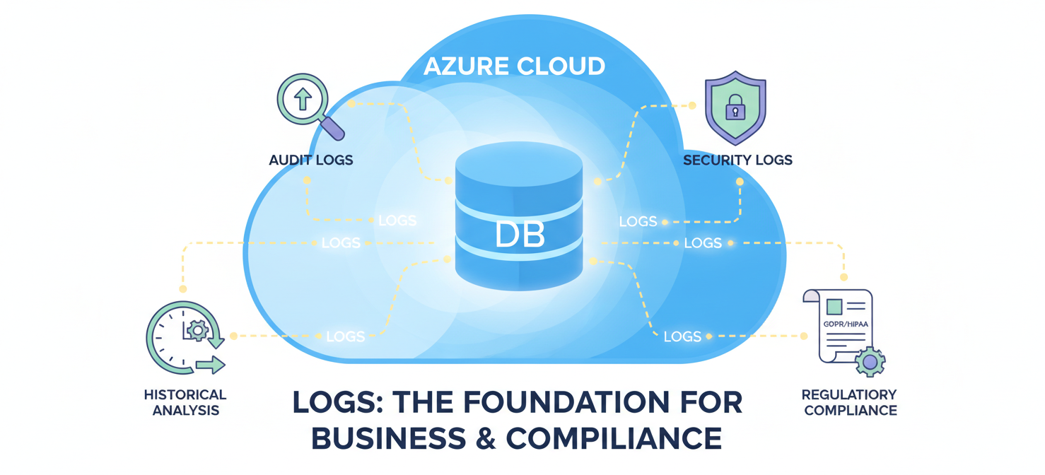 Visual representation of the critical business and compliance drivers for retaining database logs, including regulatory audits (SOC 2, HIPAA, GDPR), security incident response, and operational analysis for performance tuning and debugging.