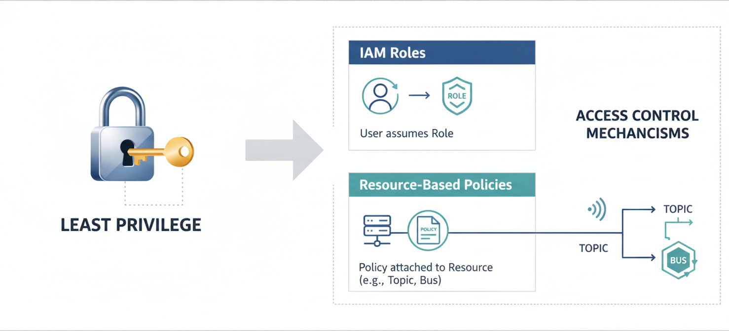 Visualizing fundamental security principles in AWS, with an icon for 'least privilege' showing a specific key for a lock, and a comparison between IAM roles and resource-based policies as methods for granting access.
