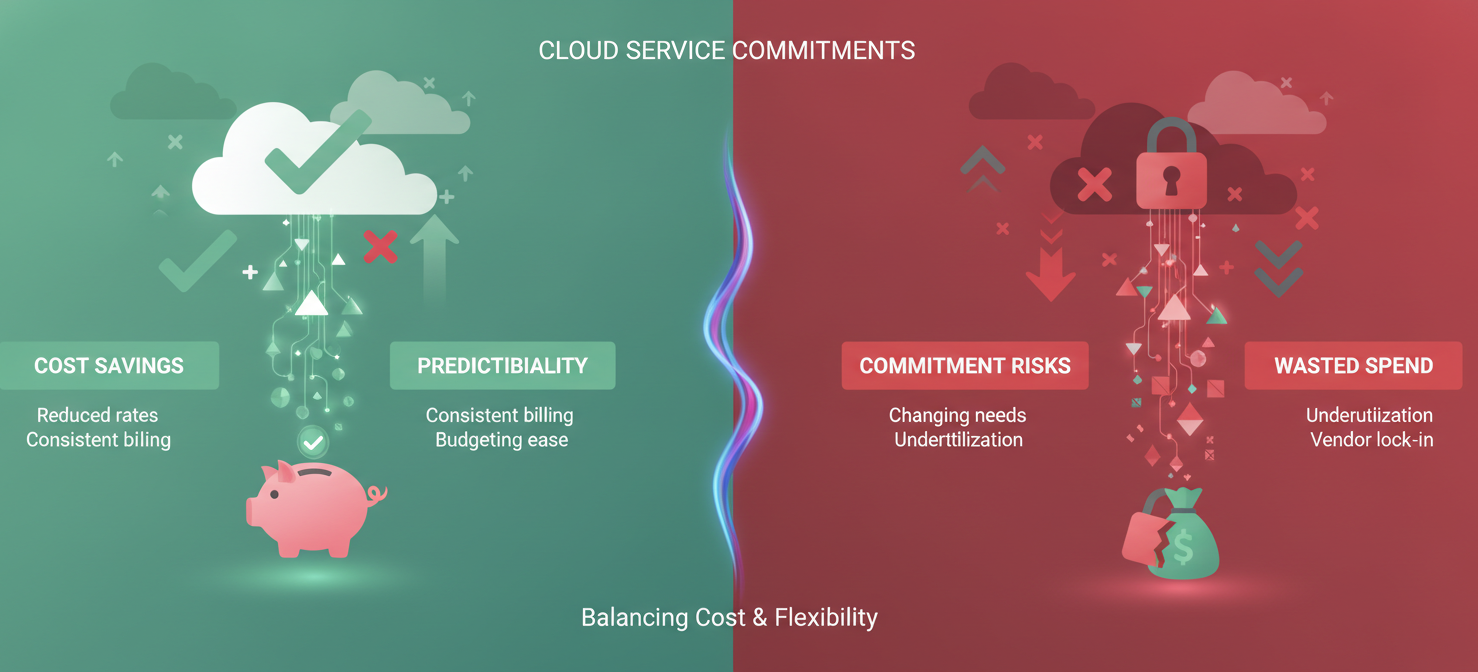 Visualizing the advantages of substantial cost savings and predictable expenses versus the disadvantages of long-term commitment and potential inflexibility with cloud resources.